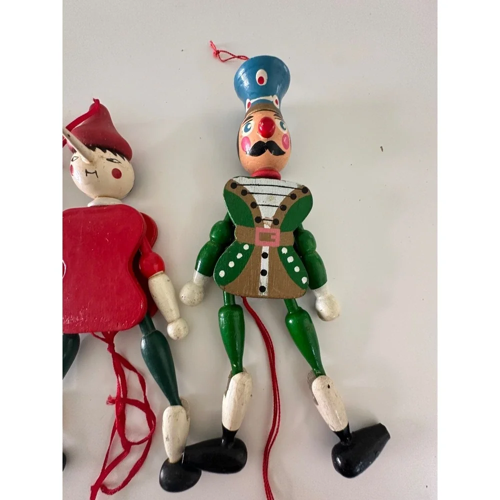 Pull String Wood King Pinocchio Nutcracker Christmas‎ Ornament 3 Pc Painted